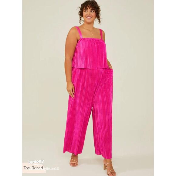 Arula Flowy Pleated Jumpsuit SZ C (SZ 22-24) Bright Pink Fuschia Going Out EUC - Picture 1 of 15